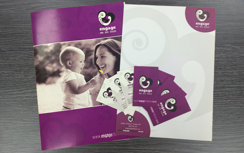 engage childcare folder, business cards and flyer stationery