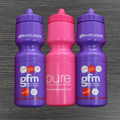 GFM branding solutions purple drink bottles and pure pink drink bottle