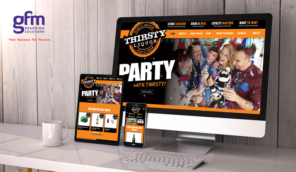 thirsty liquor fully responsive website design by gfm branding solutions on multiple screens